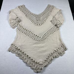 Paradise Tunic Top Ivory Crochet Lace Asymmetric Hem 3/4 Sleeve Boho Shirt S/M